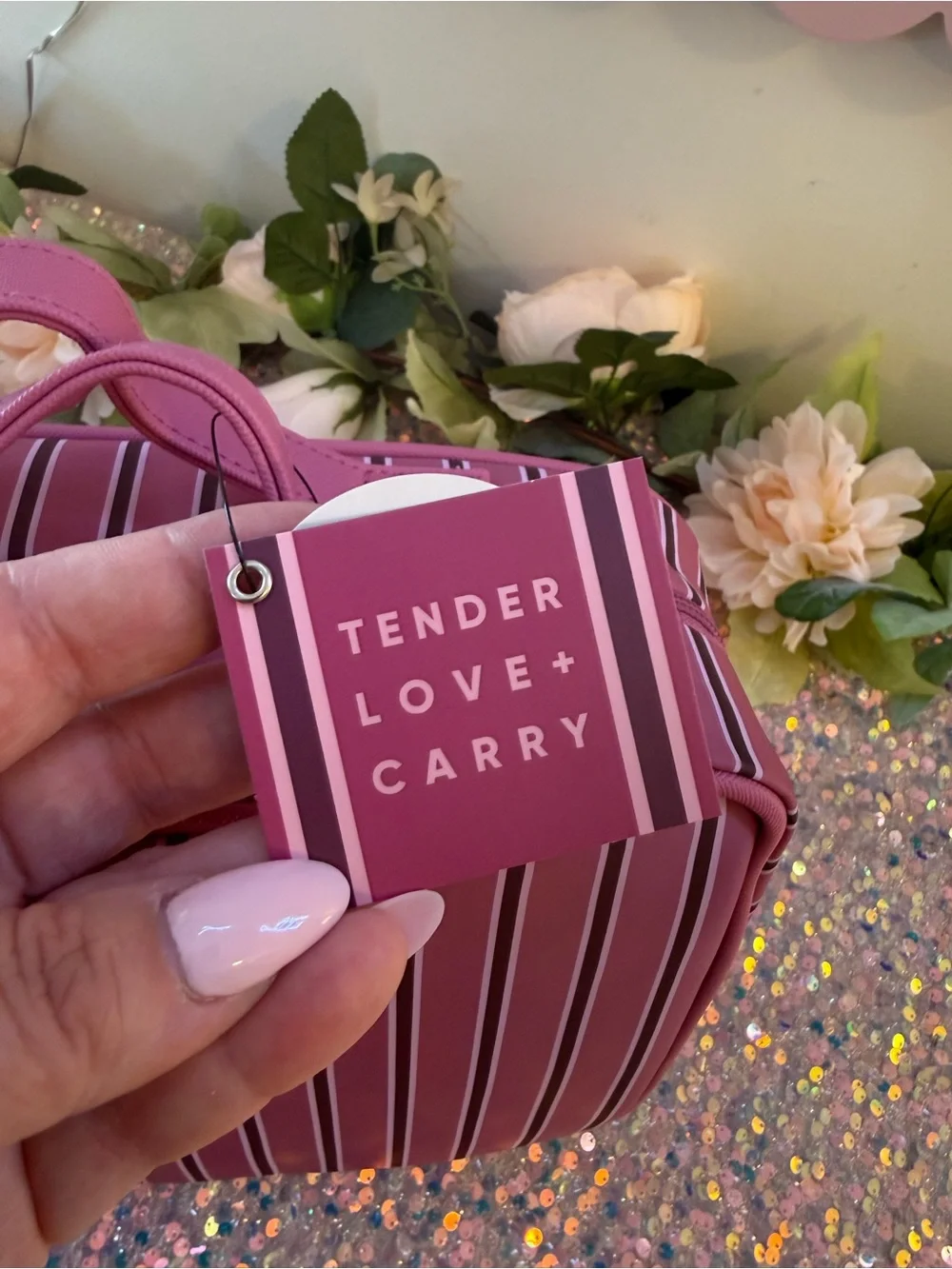 NWT Tender Love + Carry Toiletry Weekender Bag in Pink Vertical Striped Pattern